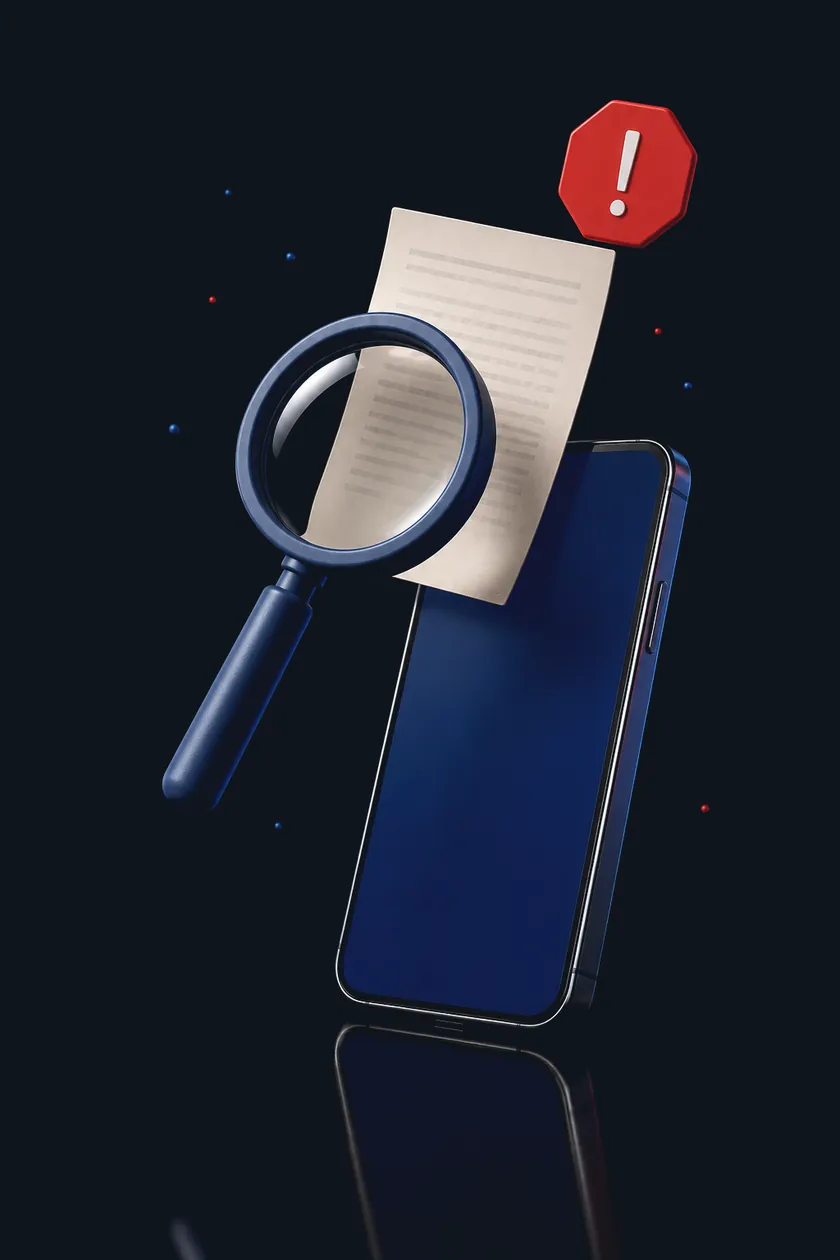 Lupa sobre um documento e um alerta vermelho, sobre a tela do aplicativo