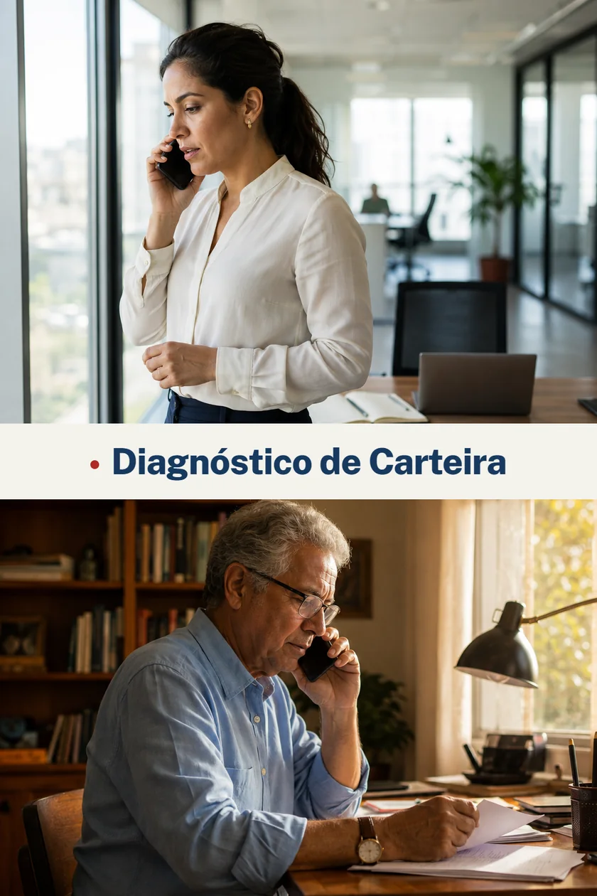 Uma especialista no escritório e um servidor em casa, os dois ao telefone, e entre eles a faixa Diagnóstico de Carteira