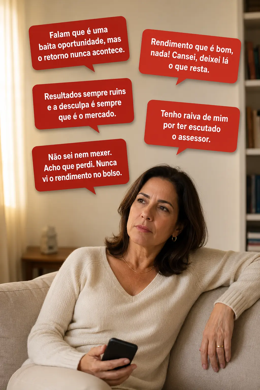 Mulher pensando: falaram que era uma baita oportunidade, mas o que eu consegui foi prejuízo. Rendimento que é bom, nada, cansei, deixei lá o que resta. Resultados sempre ruins e a desculpa é sempre que é o mercado. Tenho raiva de mim por ter escutado o assessor. Não sei nem mexer, acho que perdi, nunca vi o rendimento no bolso.