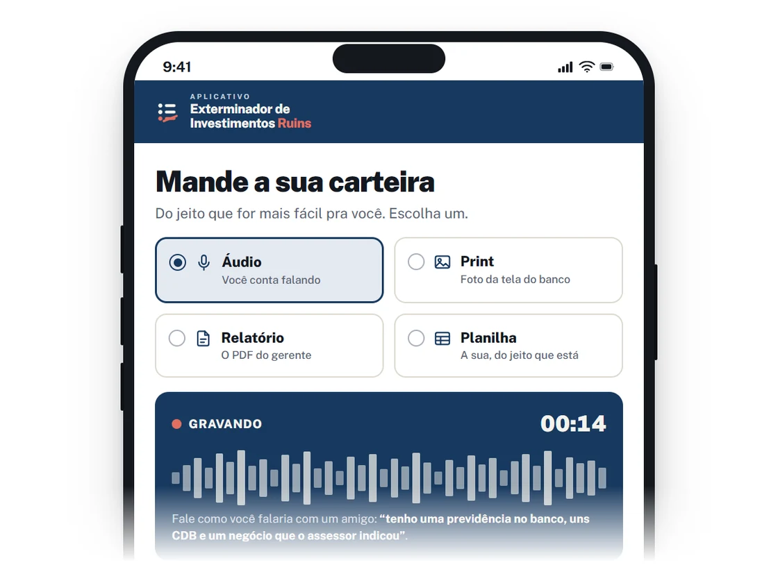 Tela do aplicativo com os quatro modos de envio e o gravador de áudio aberto