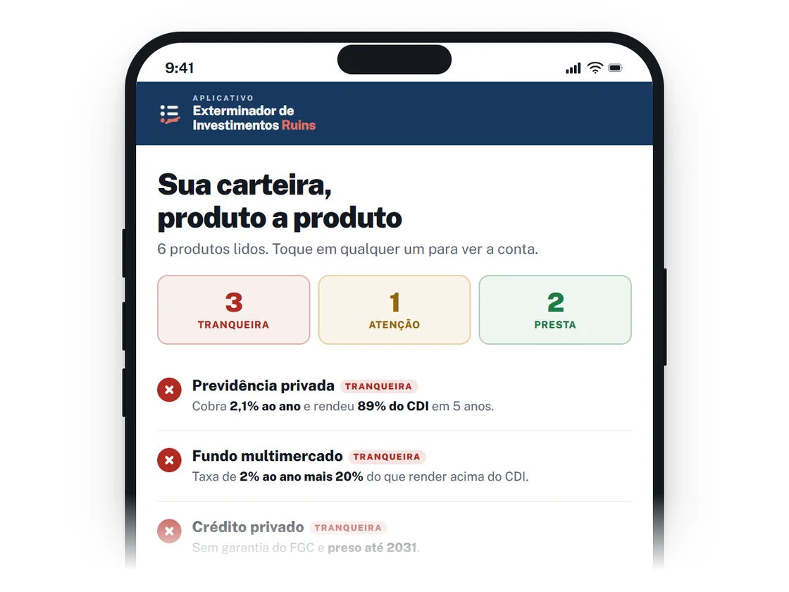 Tela do aplicativo com a carteira produto a produto: três tranqueiras, uma atenção e dois que prestam