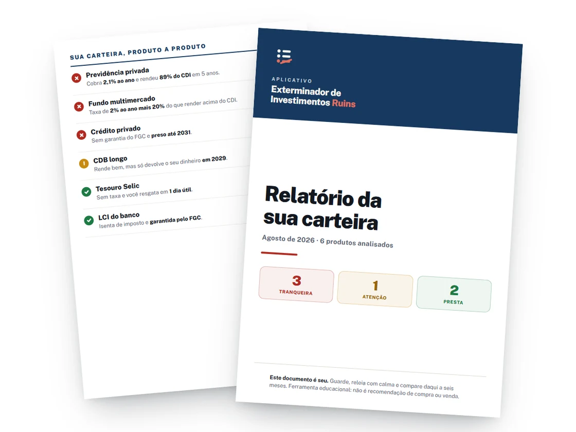 Capa e primeira página do relatório da carteira em PDF, com a marca do aplicativo