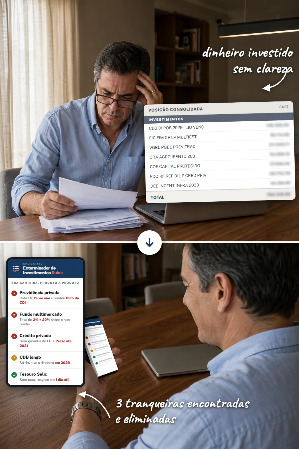 Servidor tentando entender o relatório que o gerente mandou e, depois, os mesmos investimentos já classificados no aplicativo