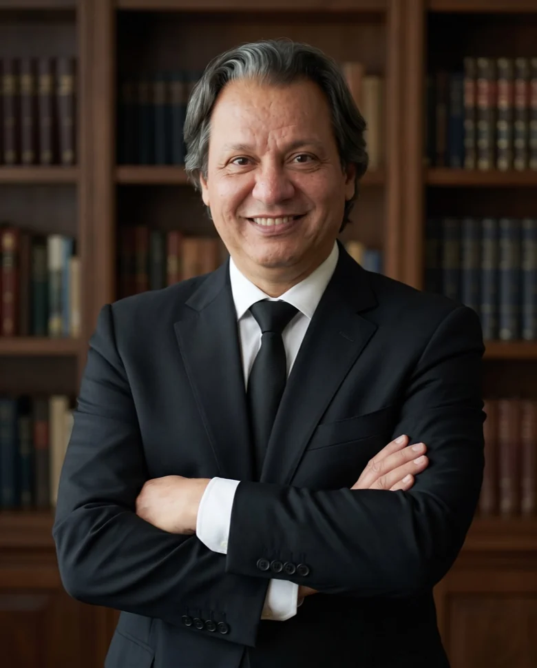 Renato Oliveira, servidor público federal, de terno, braços cruzados, diante de uma estante de livros
